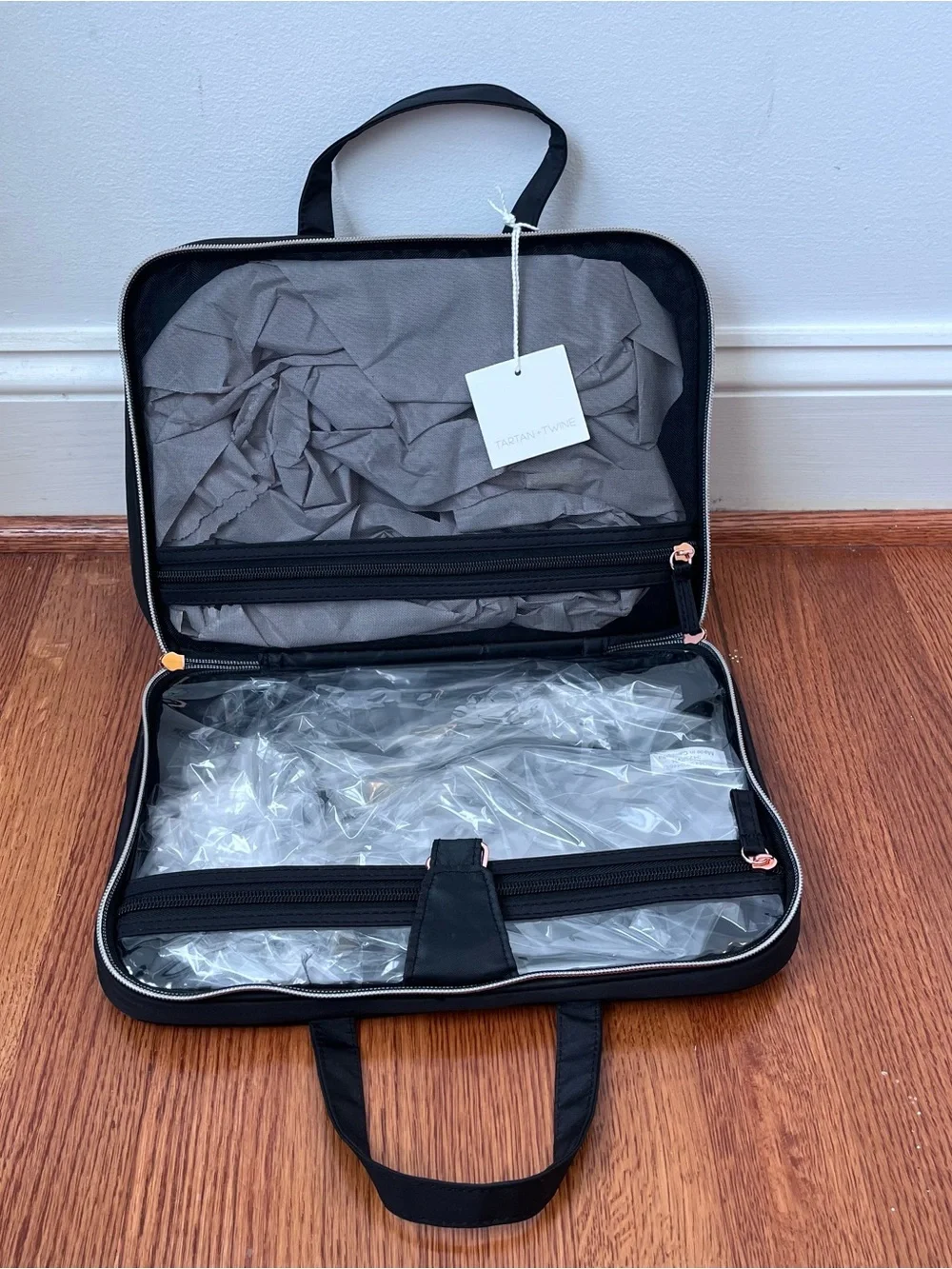 Tartan + Twine Clear Travel Toiletry Bag with Black Organizer Pouches.